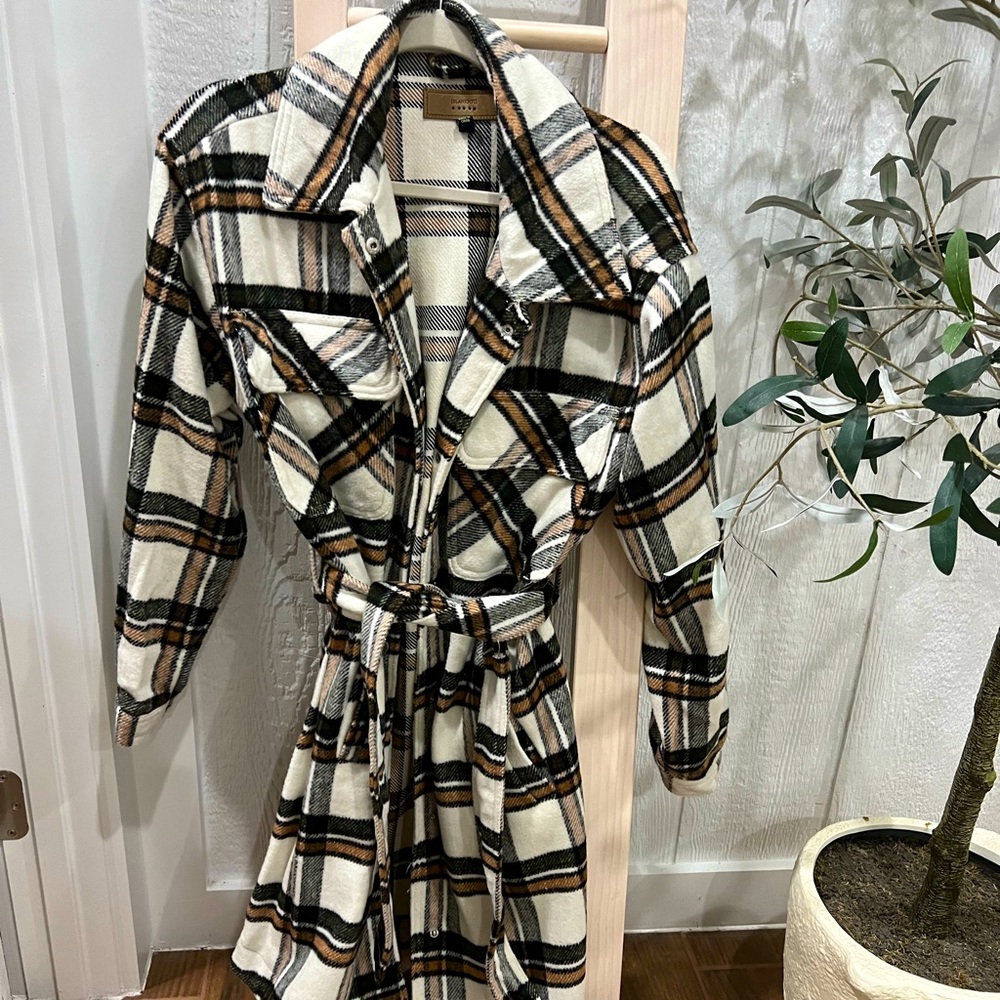 Brown plaid overshirt jacket with belt tie
